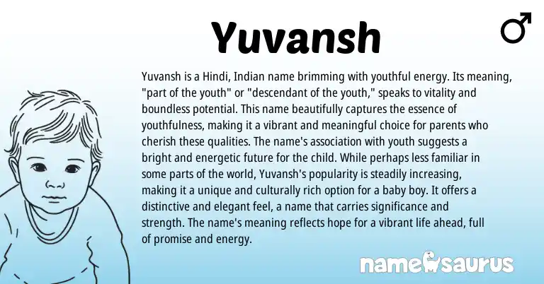 Infographic about Yuvansh name meaning, Yuvansh is a name from Sanskrit, Indian, Hindi origin(s).