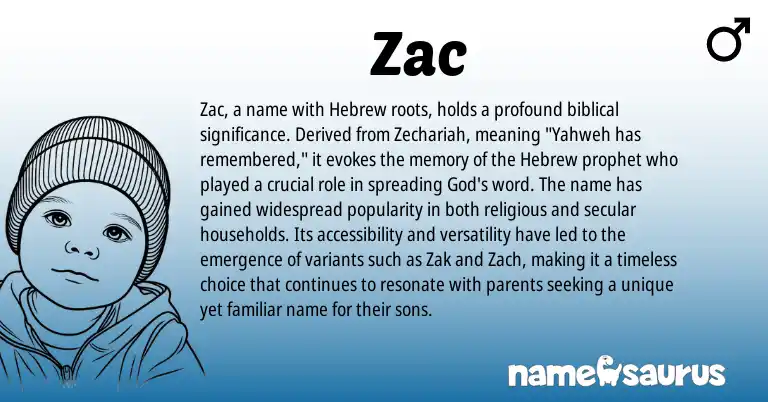 Infographic about Zac name meaning, Zac is a name from Hebrew origin(s).
