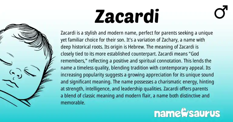 Infographic about Zacardi name meaning, Zacardi is a name from Hebrew origin(s).
