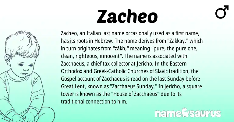 Infographic about Zacheo name meaning, Zacheo is a name from Slavic, Greek, Hebrew, Italian origin(s).