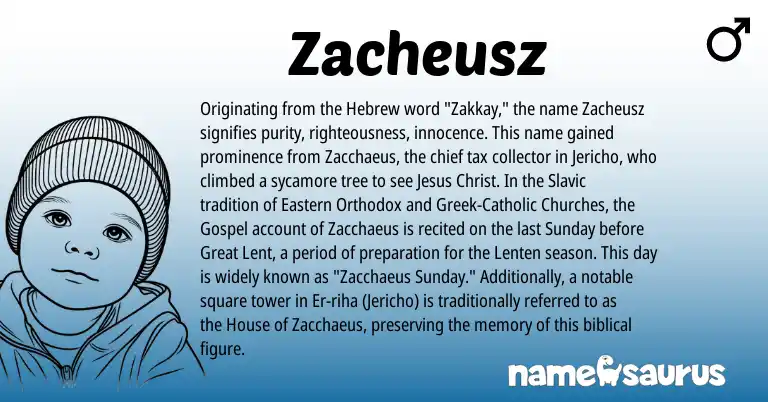Infographic about Zacheusz name meaning, Zacheusz is a name from Slavic, Hebrew, Greek origin(s).