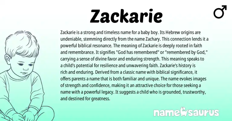 Infographic about Zackarie name meaning, Zackarie is a name from Hebrew, English, Biblical origin(s).
