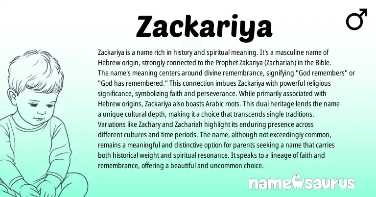 Infographic about Zackariya name meaning, Zackariya is a name from Hebrew, Biblical origin(s).