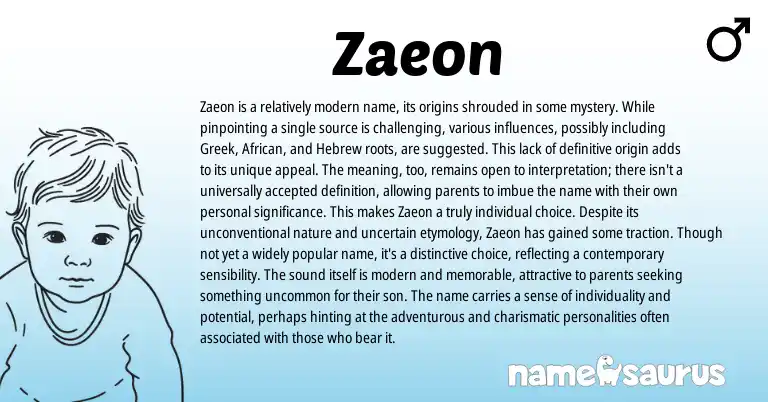 Infographic about Zaeon name meaning, Zaeon is a name from Greek, African, Hebrew origin(s).