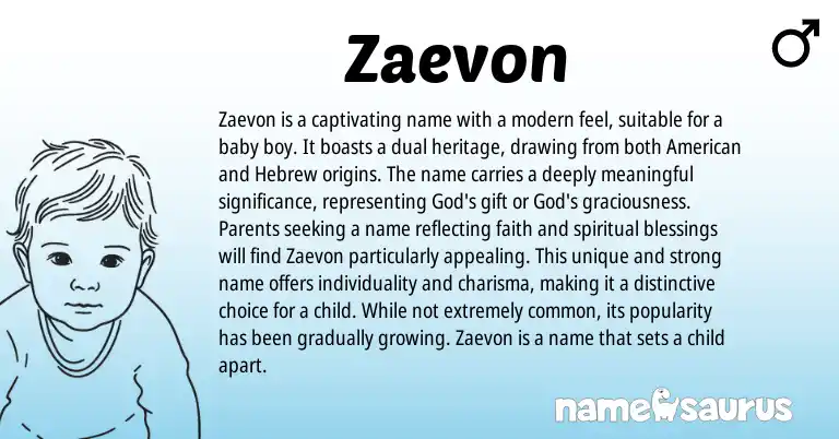Infographic about Zaevon name meaning, Zaevon is a name from American, Hebrew origin(s).