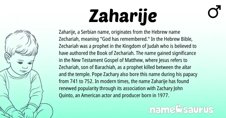 Infographic about Zaharije name meaning, Zaharije is a name from Serbian, American, Hebrew origin(s).