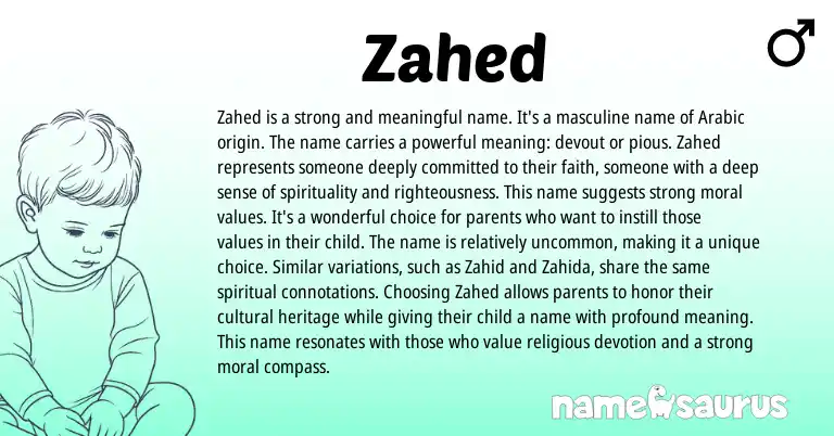 Infographic about Zahed name meaning, Zahed is a name from Arabic origin(s).