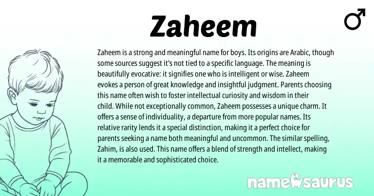 Infographic about Zaheem name meaning, Zaheem is a name from Arabic origin(s).