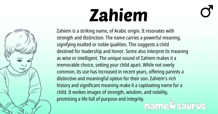 Infographic about Zahiem name meaning, Zahiem is a name from Arabic origin(s).