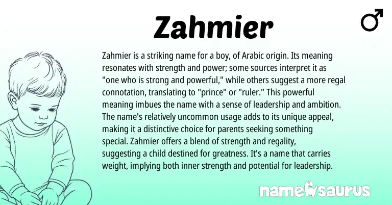 Infographic about Zahmier name meaning, Zahmier is a name from Arabic origin(s).