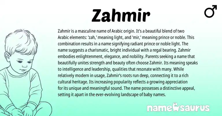 Infographic about Zahmir name meaning, Zahmir is a name from Arabic origin(s).