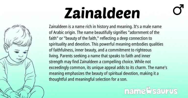 Infographic about Zainaldeen name meaning, Zainaldeen is a name from Arabic origin(s).