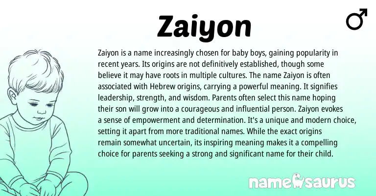Infographic about Zaiyon name meaning, Zaiyon is a name from Hebrew, American origin(s).