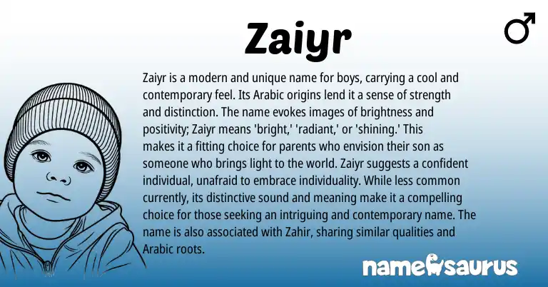 Infographic about Zaiyr name meaning, Zaiyr is a name from Arabic origin(s).