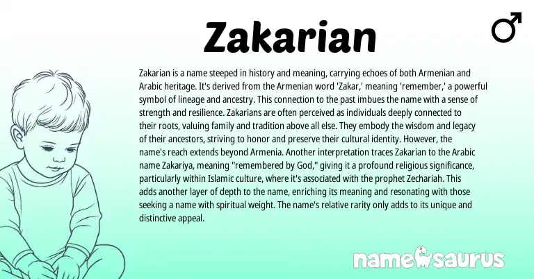 Infographic about Zakarian name meaning, Zakarian is a name from Armenian origin(s).