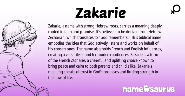 Infographic about Zakarie name meaning, Zakarie is a name from Hebrew, French, English origin(s).