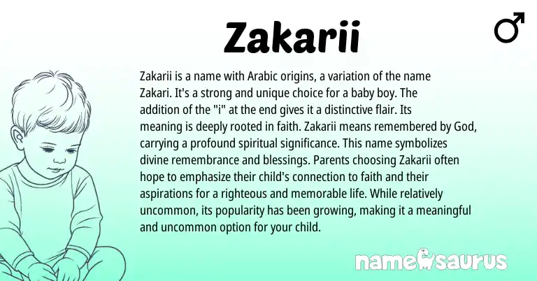 Infographic about Zakarii name meaning, Zakarii is a name from Arabic origin(s).