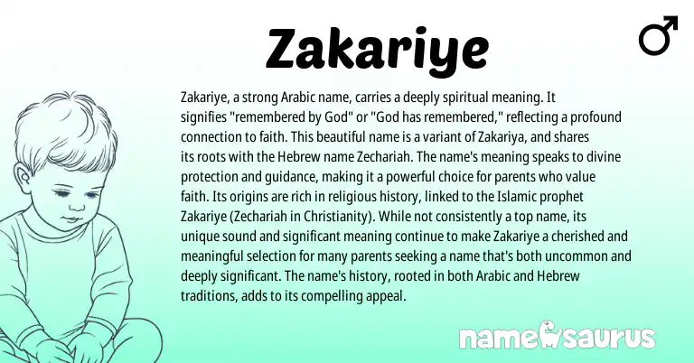 Infographic about Zakariye name meaning, Zakariye is a name from Hebrew, Arabic origin(s).