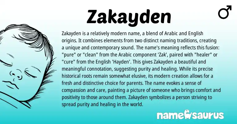 Infographic about Zakayden name meaning, Zakayden is a name from English, Arabic origin(s).