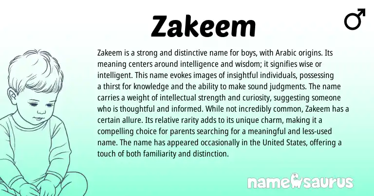 Infographic about Zakeem name meaning, Zakeem is a name from Arabic origin(s).