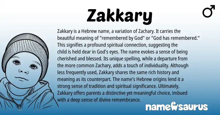 Infographic about Zakkary name meaning, Zakkary is a name from Hebrew origin(s).
