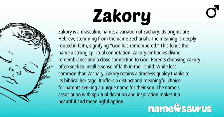 Infographic about Zakory name meaning, Zakory is a name from Hebrew, English origin(s).