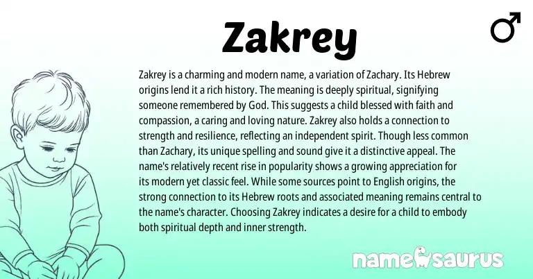 Infographic about Zakrey name meaning, Zakrey is a name from Hebrew, English origin(s).