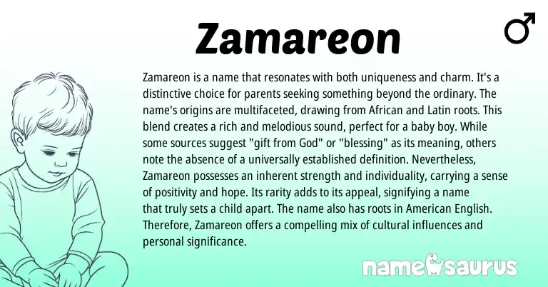 Infographic about Zamareon name meaning, Zamareon is a name from Latin, African, American origin(s).
