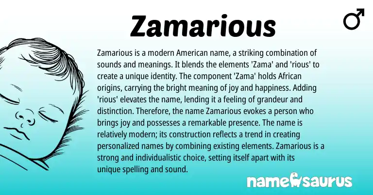 Infographic about Zamarious name meaning, Zamarious is a name from African origin(s).