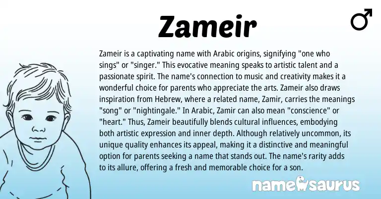 Infographic about Zameir name meaning, Zameir is a name from Arabic origin(s).