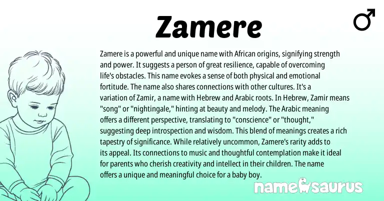 Infographic about Zamere name meaning, Zamere is a name from Persian, African origin(s).