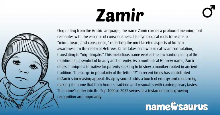 Infographic about Zamir name meaning, Zamir is a name from Arabic, Hebrew origin(s).