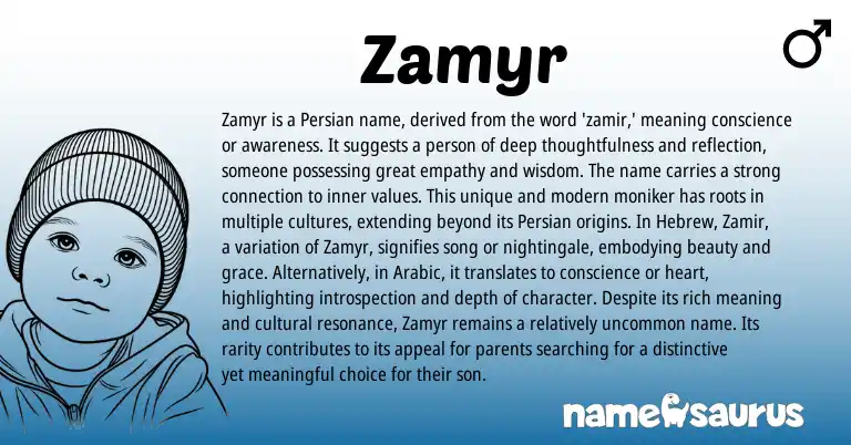 Infographic about Zamyr name meaning, Zamyr is a name from Persian origin(s).