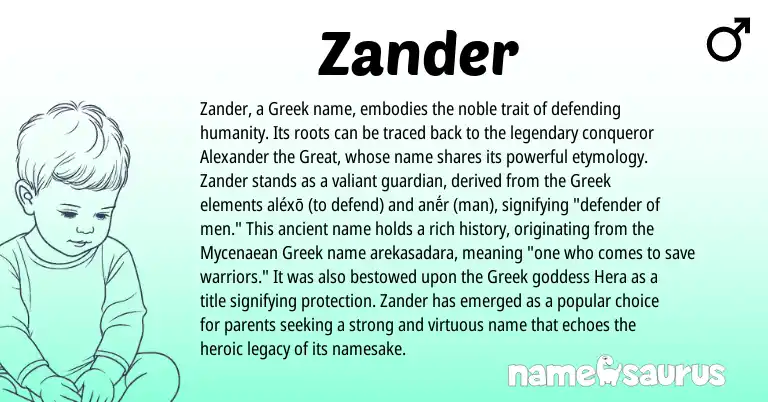 Infographic about Zander name meaning, Zander is a name from Greek origin(s).