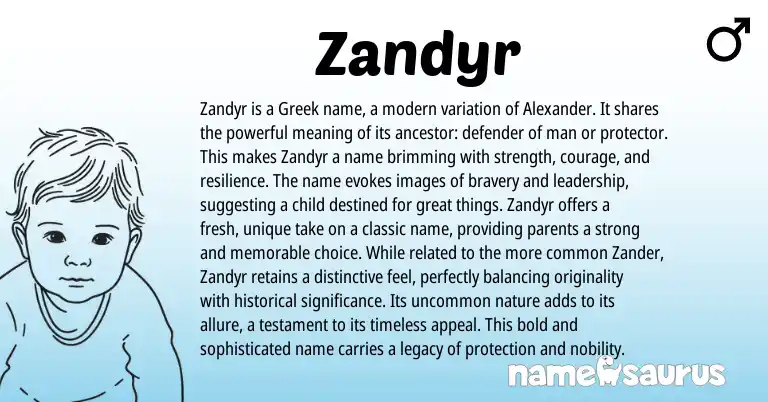Infographic about Zandyr name meaning, Zandyr is a name from English, Greek origin(s).