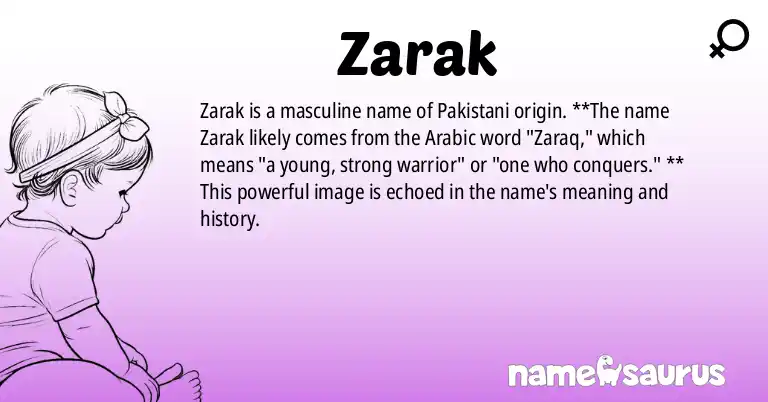 Infographic about Zarak name meaning, Zarak is a name from Pakistani origin(s).