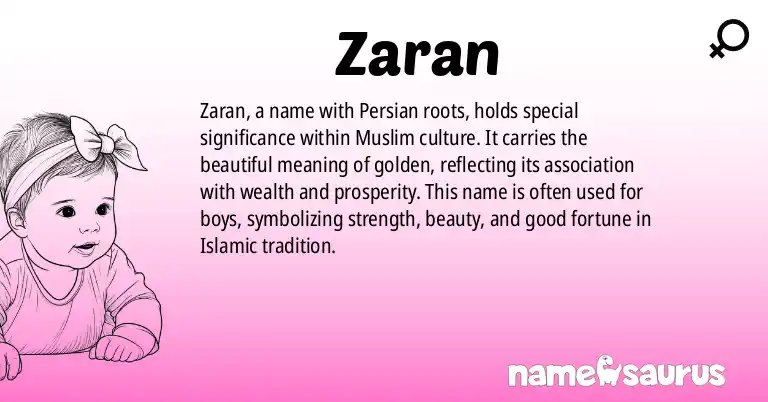 Infographic about Zaran name meaning, Zaran is a name from Persian, Muslim origin(s).