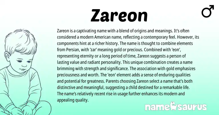 Infographic about Zareon name meaning, Zareon is a name from Persian origin(s).
