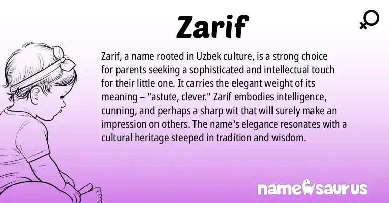 Infographic about Zarif name meaning, Zarif is a name from Uzbek origin(s).