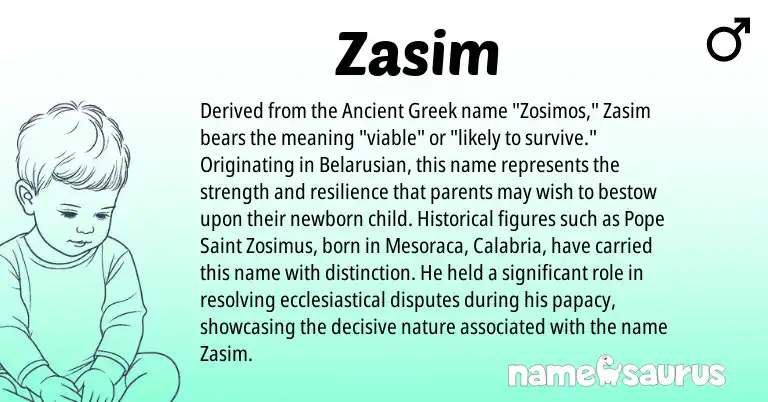 Infographic about Zasim name meaning, Zasim is a name from Ancient Greek, Belarusian origin(s).