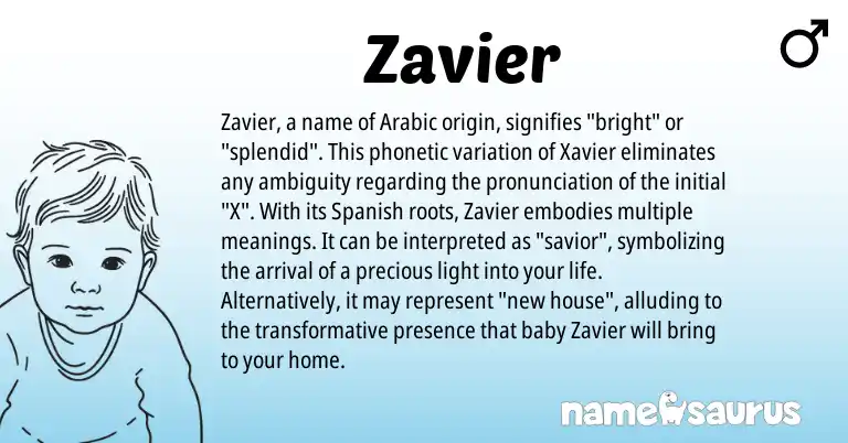 Infographic about Zavier name meaning, Zavier is a name from Spanish, Arabic origin(s).