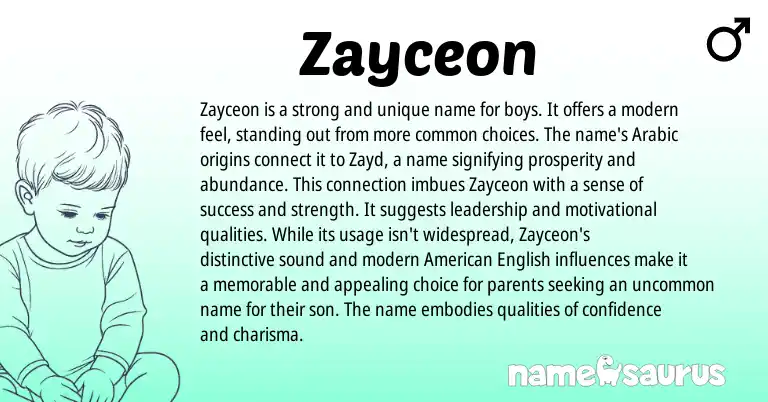 Infographic about Zayceon name meaning, Zayceon is a name from Arabic origin(s).