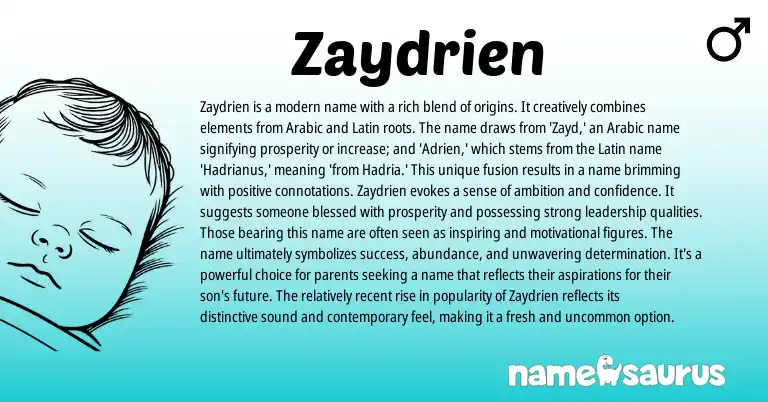Infographic about Zaydrien name meaning, Zaydrien is a name from Latin, English, Arabic origin(s).