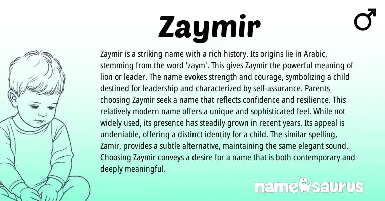 Infographic about Zaymir name meaning, Zaymir is a name from Arabic origin(s).