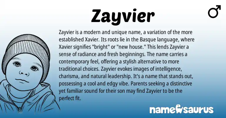 Infographic about Zayvier name meaning, Zayvier is a name from Basque, Spanish origin(s).