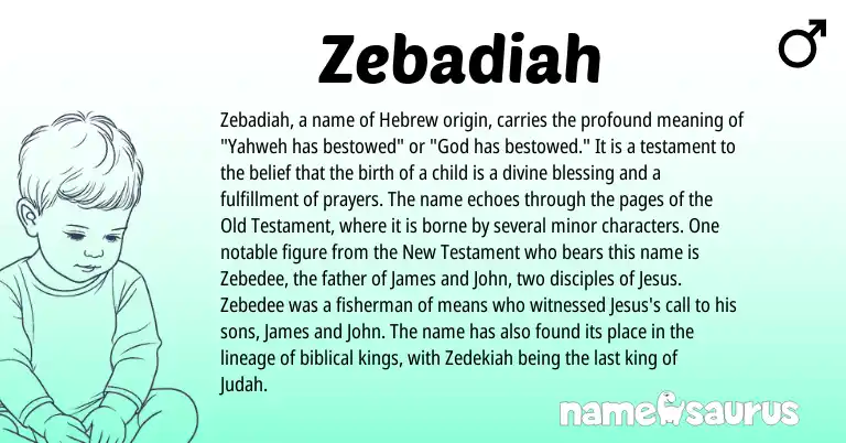 Infographic about Zebadiah name meaning, Zebadiah is a name from Hebrew origin(s).