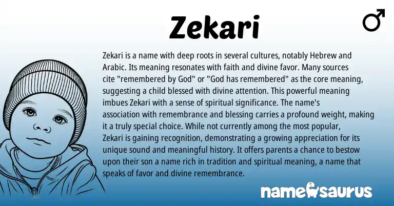 Infographic about Zekari name meaning, Zekari is a name from Persian, Hebrew origin(s).