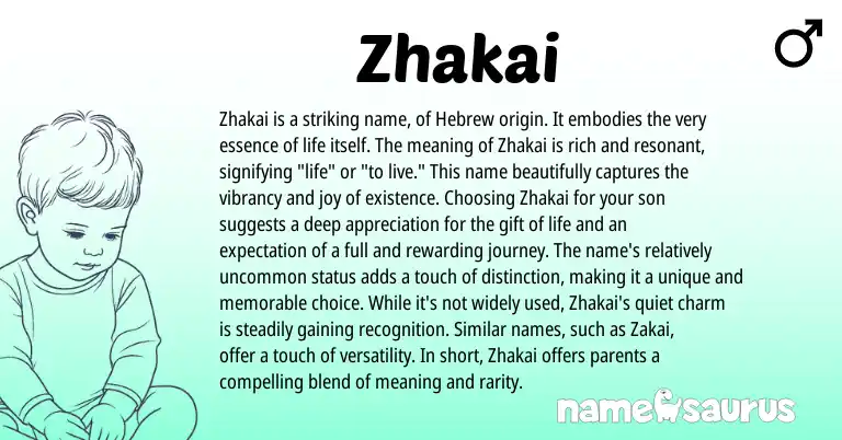 Infographic about Zhakai name meaning, Zhakai is a name from Hebrew, Chinese origin(s).
