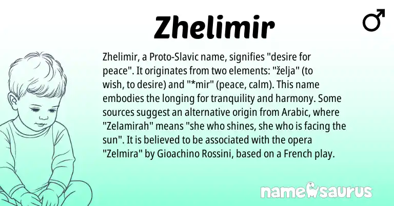 Infographic about Zhelimir name meaning, Zhelimir is a name from Slavic, French, Arabic origin(s).