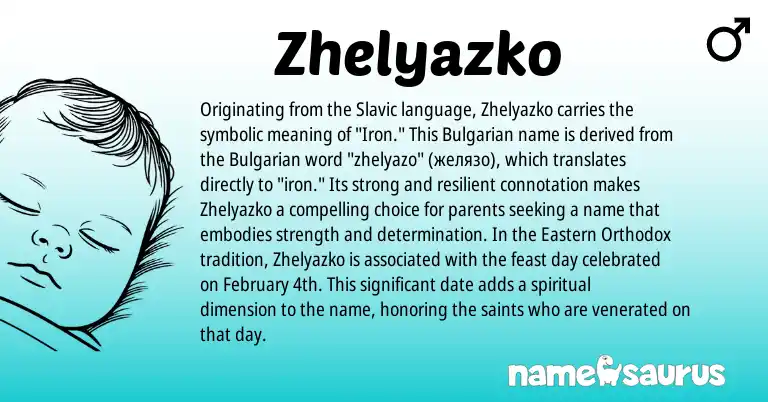 Infographic about Zhelyazko name meaning, Zhelyazko is a name from Slavic, Bulgarian origin(s).
